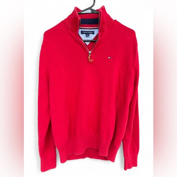 Men’s Tommy Hilfiger Red Quarter Zip Sweater - Picture 1 of 3